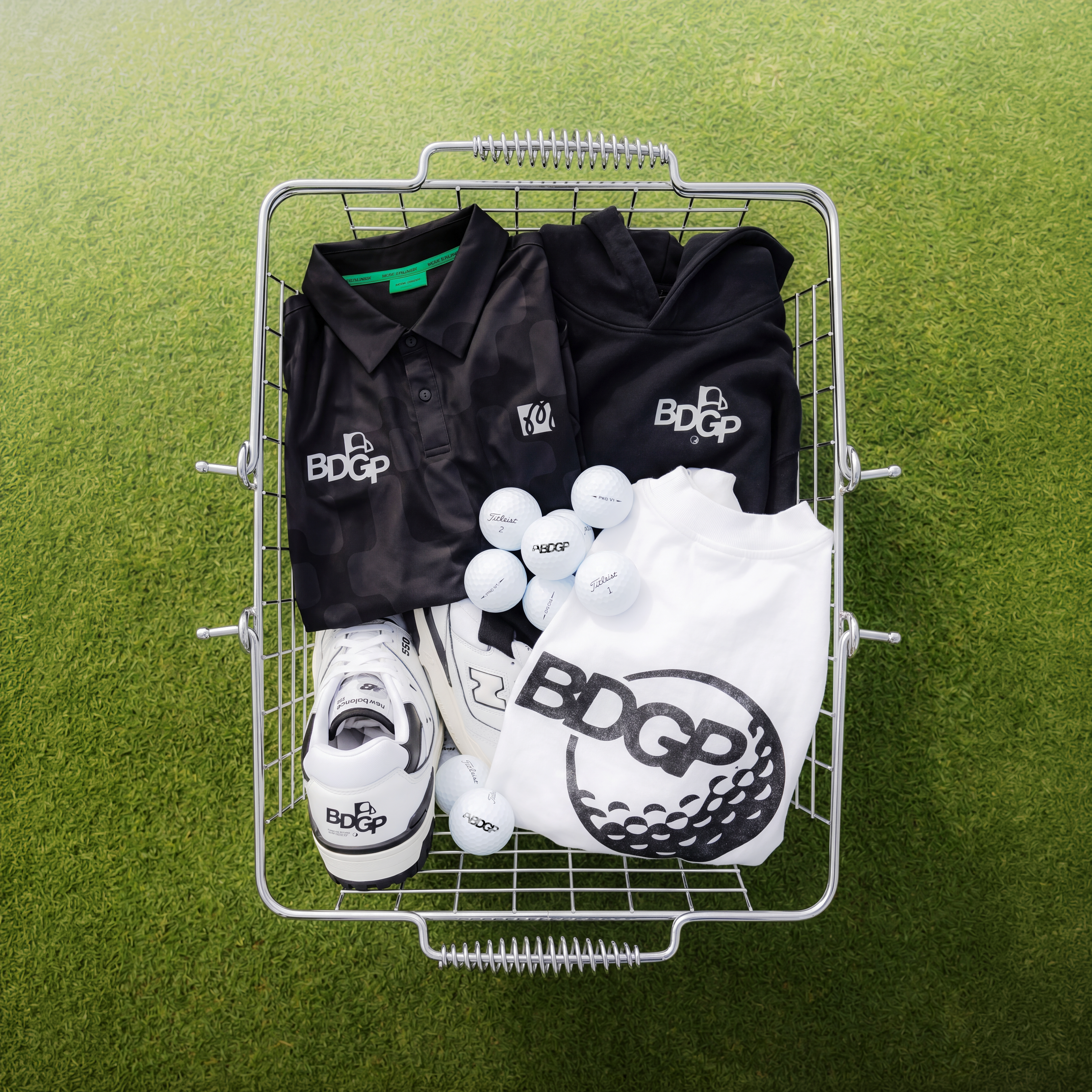 BDGP gear kit — polo, hoodie, t-shirt, golf balls, and shoes
